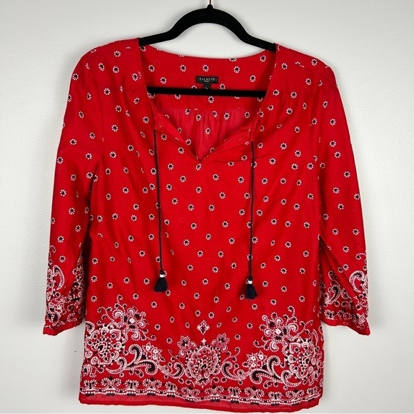 Talbots Boho Floral Bandana Print Cotton Blouse Large Petite Red - Picture 2 of 14